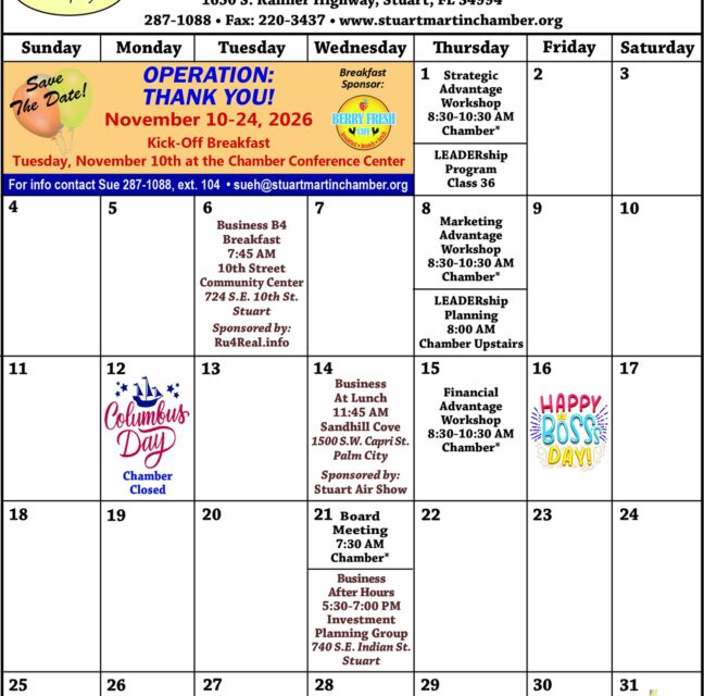 Stuart/Martin County Chamber of Commerce October 2026 events calendar