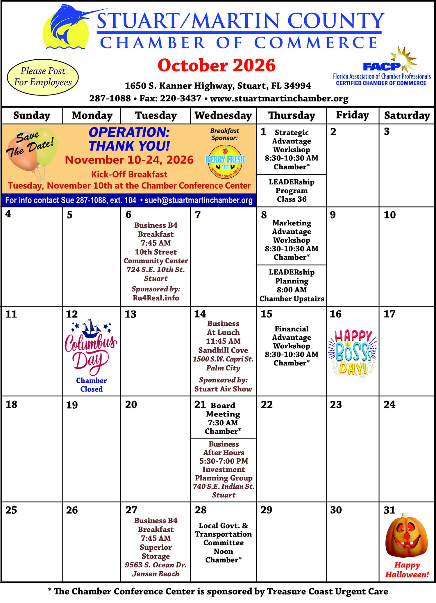 Stuart/Martin County Chamber of Commerce October 2026 events calendar