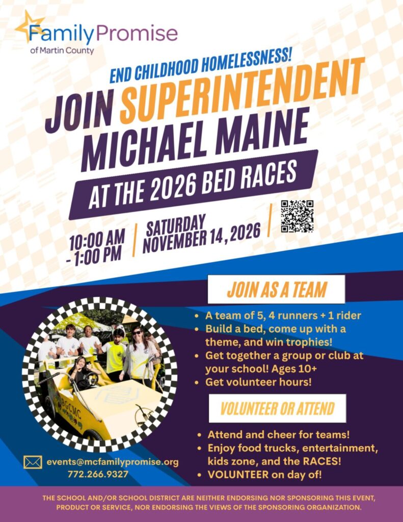 Family Promise 2026 Bed Races flyer with students pushing a decorated race bed